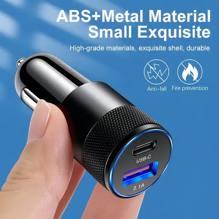 Mini chargeur de voiture double USB 3.1A à charge rapide avec adaptateur USB-C et boîtier métallique compact pour iPhone 17 16 et Samsung pour voyages et occasions spéciales