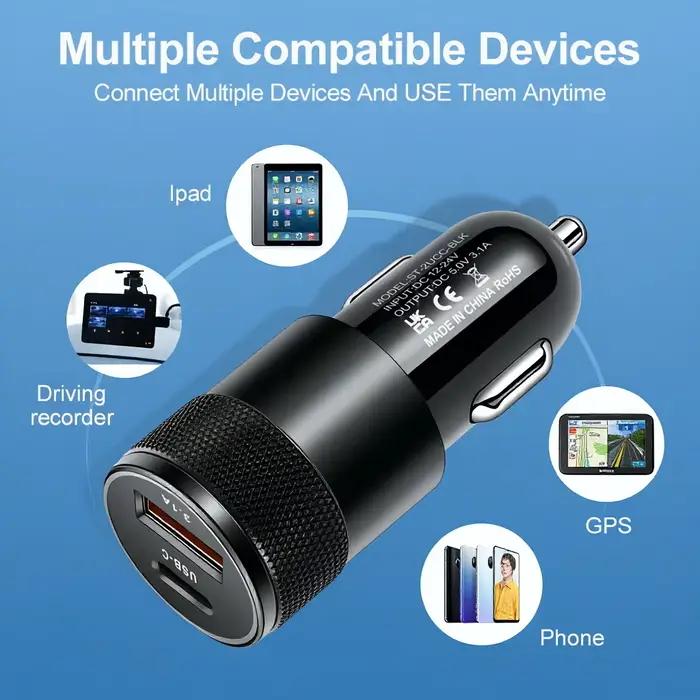 Mini chargeur de voiture double USB 3.1A à charge rapide avec adaptateur USB-C et boîtier métallique compact pour iPhone 17 16 et Samsung pour voyages et occasions spéciales