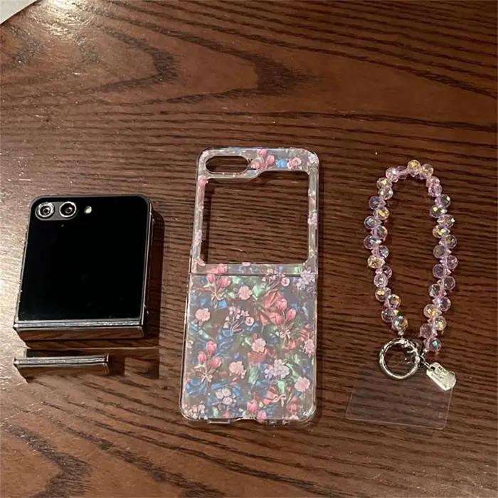 Coque de téléphone rose mignonne à motifs floraux avec bracelet en strass pour Samsung Galaxy Z Flip 7 Z Flip6 ZFlip 5 Zflip6 Zflip8