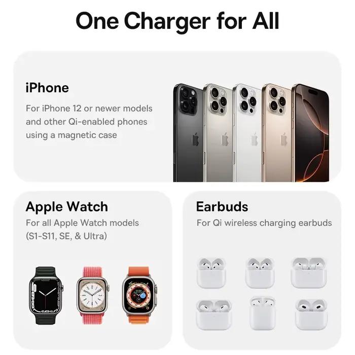 Chargeur sans fil magnétique 3 en 1 Baseus Qi2.2 25W à charge rapide pour iPhone 17 16 15 14 Apple Watch Écouteurs AirPods Pro iWatch