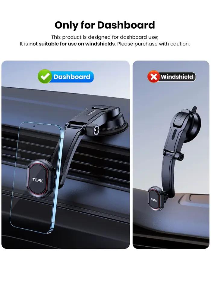 Support de téléphone TOPK pour voiture avec ventouse et clip à crochet pour aération, table de bord et pare-brise - Universel pour iPhone Xiaomi Samsung