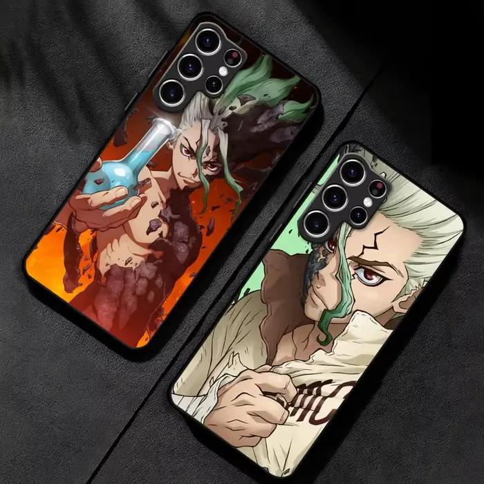 Coque de téléphone Nouveau Anime Dr. Stone pour Samsung Galaxy S25 S24 S23 S22 S21 S20 Plus Ultra Note20 avec dessins animés, citations et motifs géométriques en cuir véritable ou ABS pour homme et femme, idéale pour les fans d'anime
