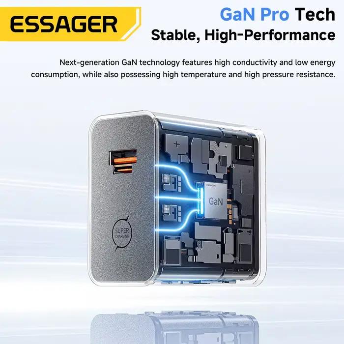 Chargeur GaN ESSAGER 65W PD3.0 PPS QC4.0 Entièrement Compatible avec iPhone 17 16 Samsung S26 MacBook Air Huawei