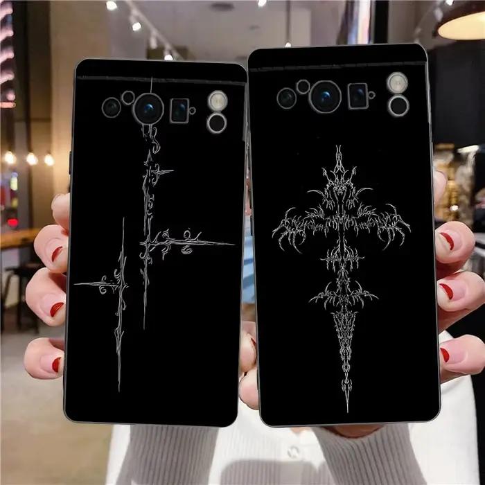Coque de téléphone Cyber Sigil Cross line, étui souple antichoc en TPU noir pour Google Pixel 9 8 7 6 Pro XL 8A 6A 7A 5G