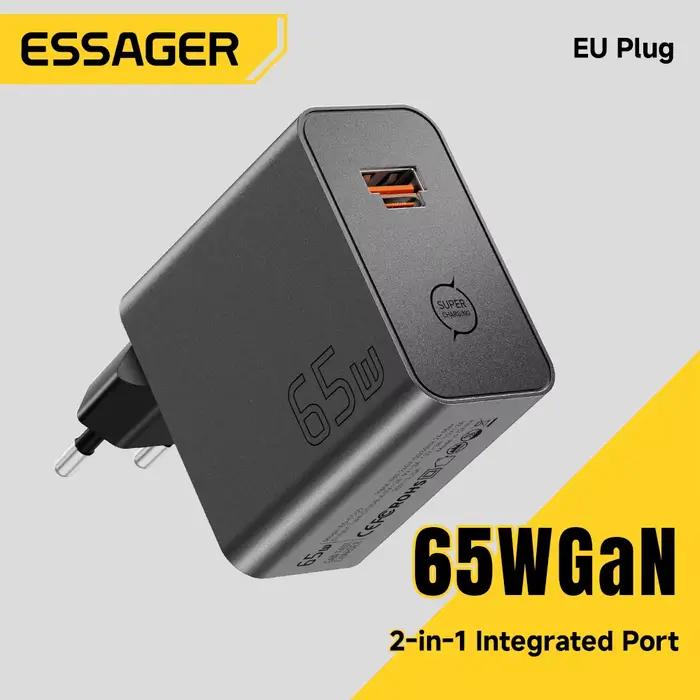 Chargeur GaN ESSAGER 65W PD3.0 PPS QC4.0 Entièrement Compatible avec iPhone 17 16 Samsung S26 MacBook Air Huawei