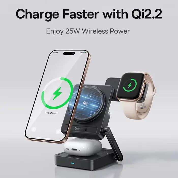 Chargeur sans fil magnétique 3 en 1 Baseus Qi2.2 25W à charge rapide pour iPhone 17 16 15 14 Apple Watch Écouteurs AirPods Pro iWatch