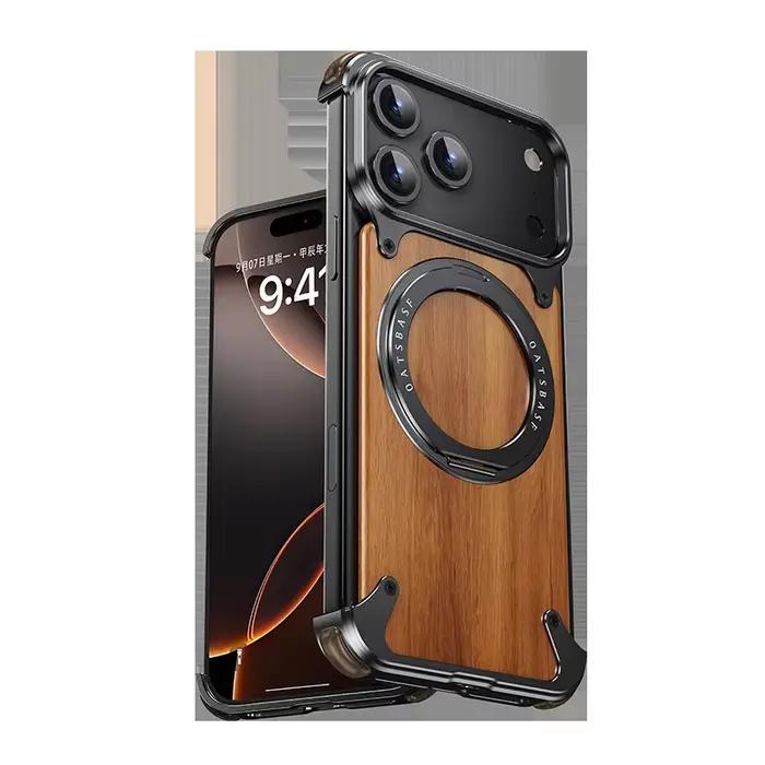 Oatsbasf Coque de téléphone en bois massif pour iPhone 17 Pro/Pro Max/17 Air avec 360 ° Support à anneau rotatif