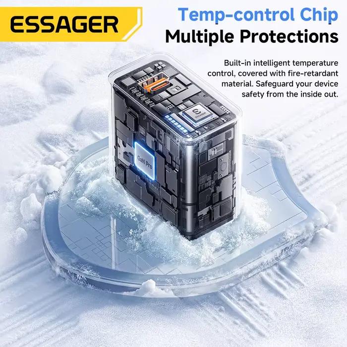 Chargeur GaN ESSAGER 65W PD3.0 PPS QC4.0 Entièrement Compatible avec iPhone 17 16 Samsung S26 MacBook Air Huawei