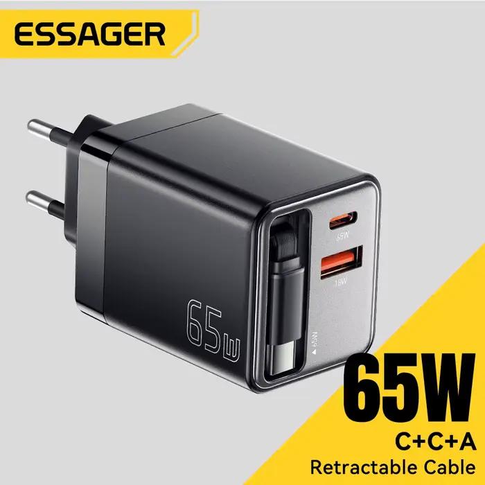 Chargeur GaN Essager 65W avec câble rétractable PD charge rapide pour ordinateur portable Macbook iPhone 17 16 15