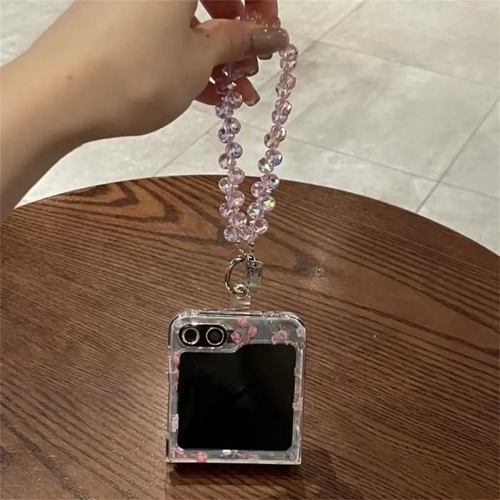 Coque de téléphone rose mignonne à motifs floraux avec bracelet en strass pour Samsung Galaxy Z Flip 7 Z Flip6 ZFlip 5 Zflip6 Zflip8