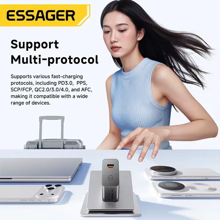 Chargeur GaN ESSAGER 65W PD3.0 PPS QC4.0 Entièrement Compatible avec iPhone 17 16 Samsung S26 MacBook Air Huawei
