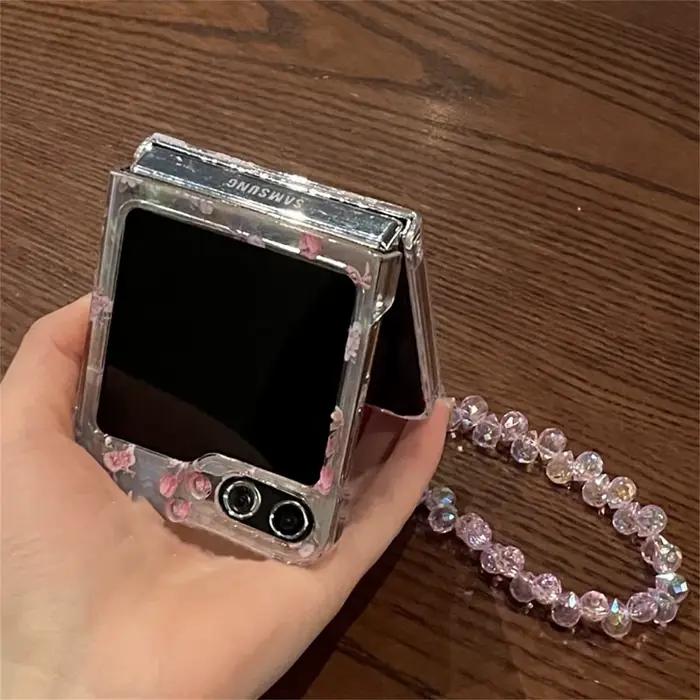 Coque de téléphone rose mignonne à motifs floraux avec bracelet en strass pour Samsung Galaxy Z Flip 7 Z Flip6 ZFlip 5 Zflip6 Zflip8