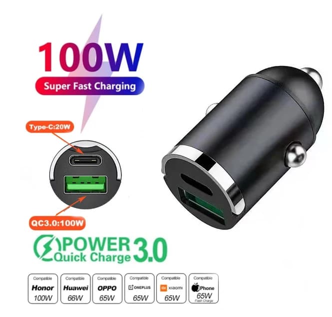 Mini chargeur de voiture 100W/200W 12-24V, briquet de voiture, charge rapide, chargeur USB type-c po