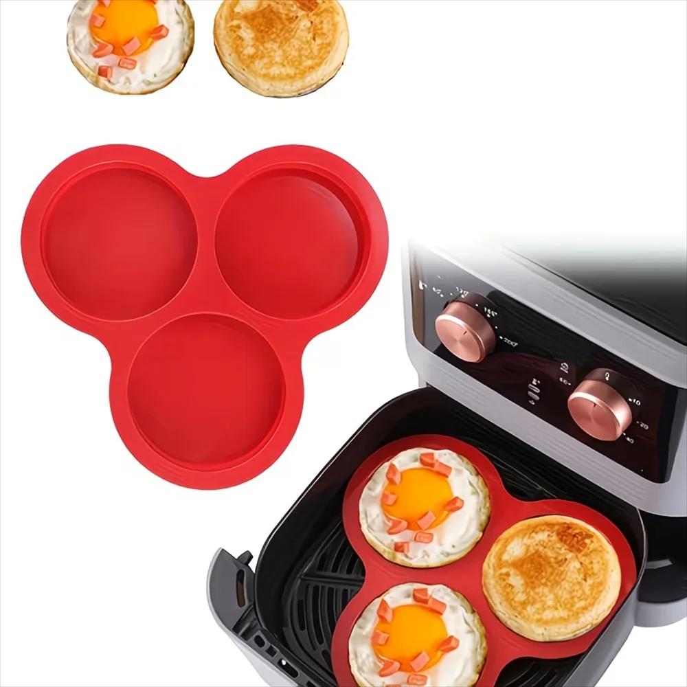 Moule à œufs rond pour friteuse à air, 3 compartiments, en silicone antiadhésif, pour cuisson vapeur