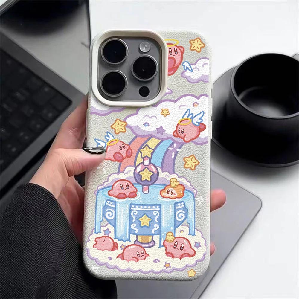 Coque de téléphone rose K-Kirbys en similicuir souple pour Apple iPhone 17 Air 16 16e 15 14 Plus 13