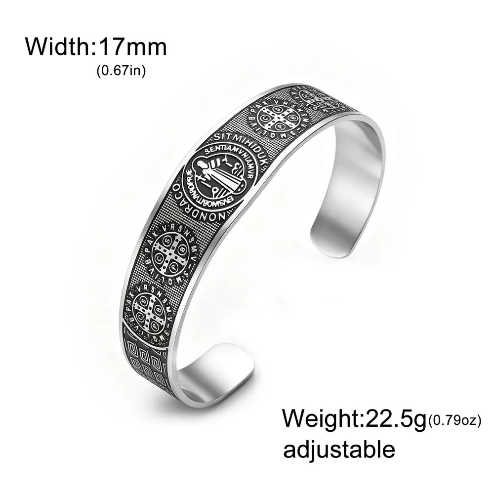 Bracelet Saint Benoît pour Homme en Acier Inoxydable, Jonc Ouvert, Amulette de Protection Catholique