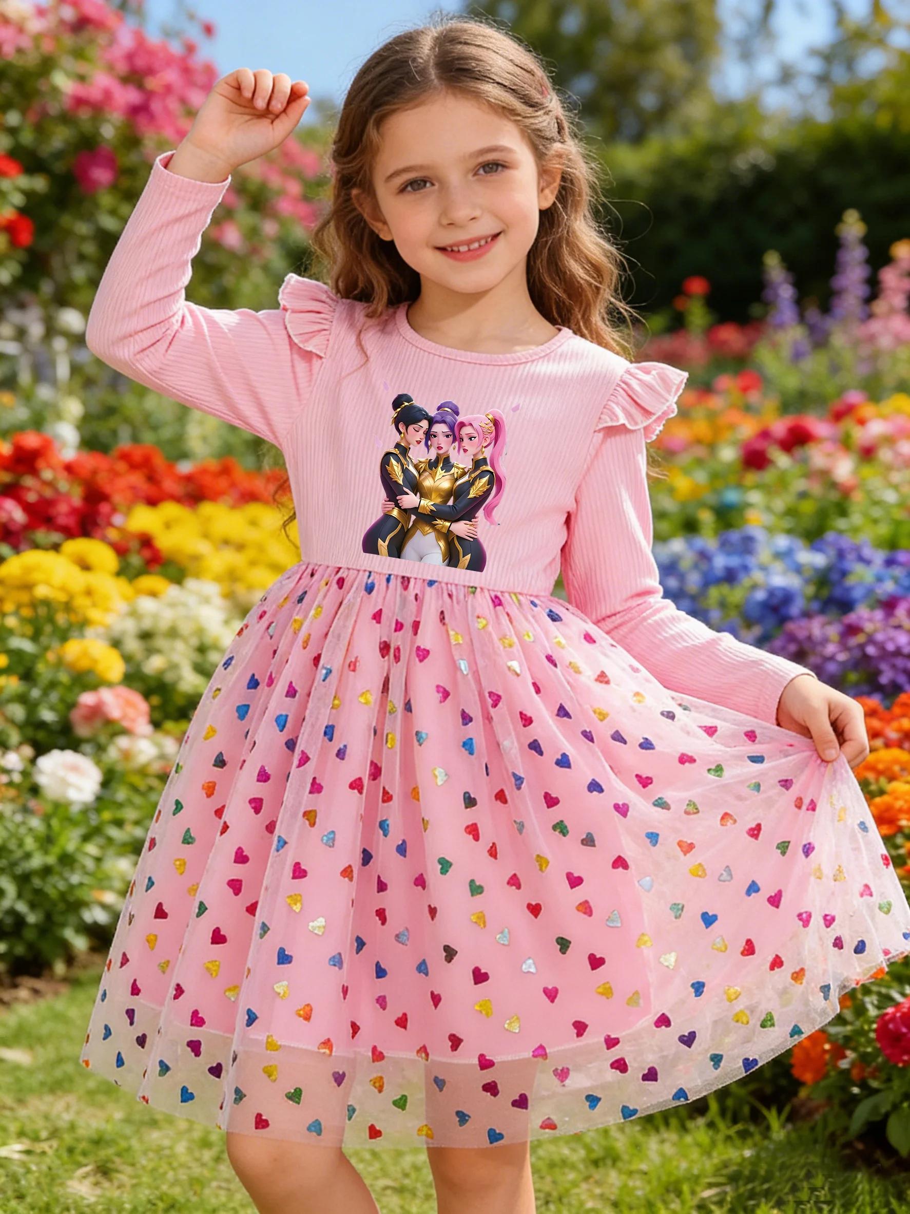 Robe imprimée pour filles avec motif de groupe de filles de dessins animés, robe de princesse en tul