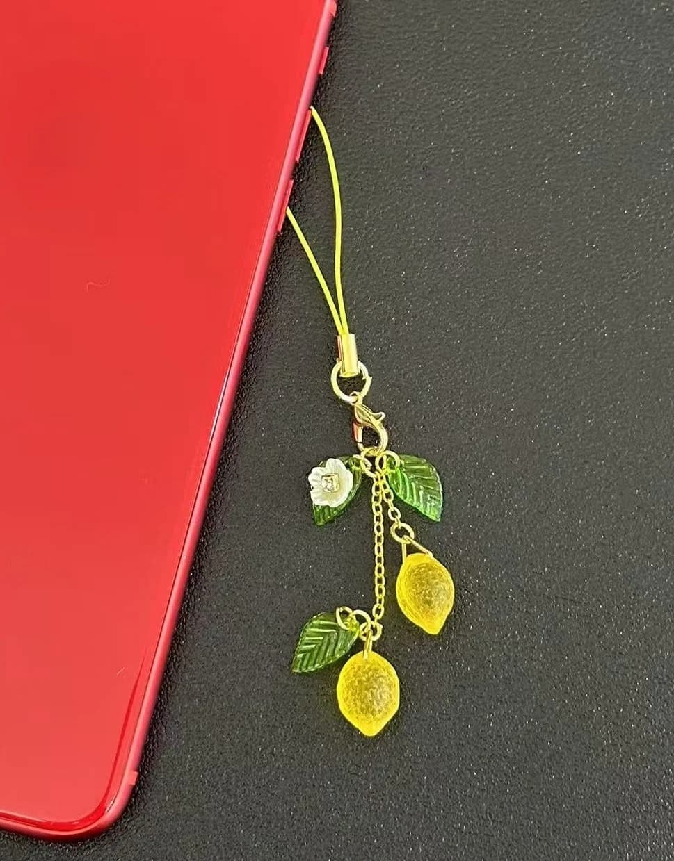 Breloque de téléphone en verre citron, lanière de téléphone de fruit de fleur de feuille Kawaii, por