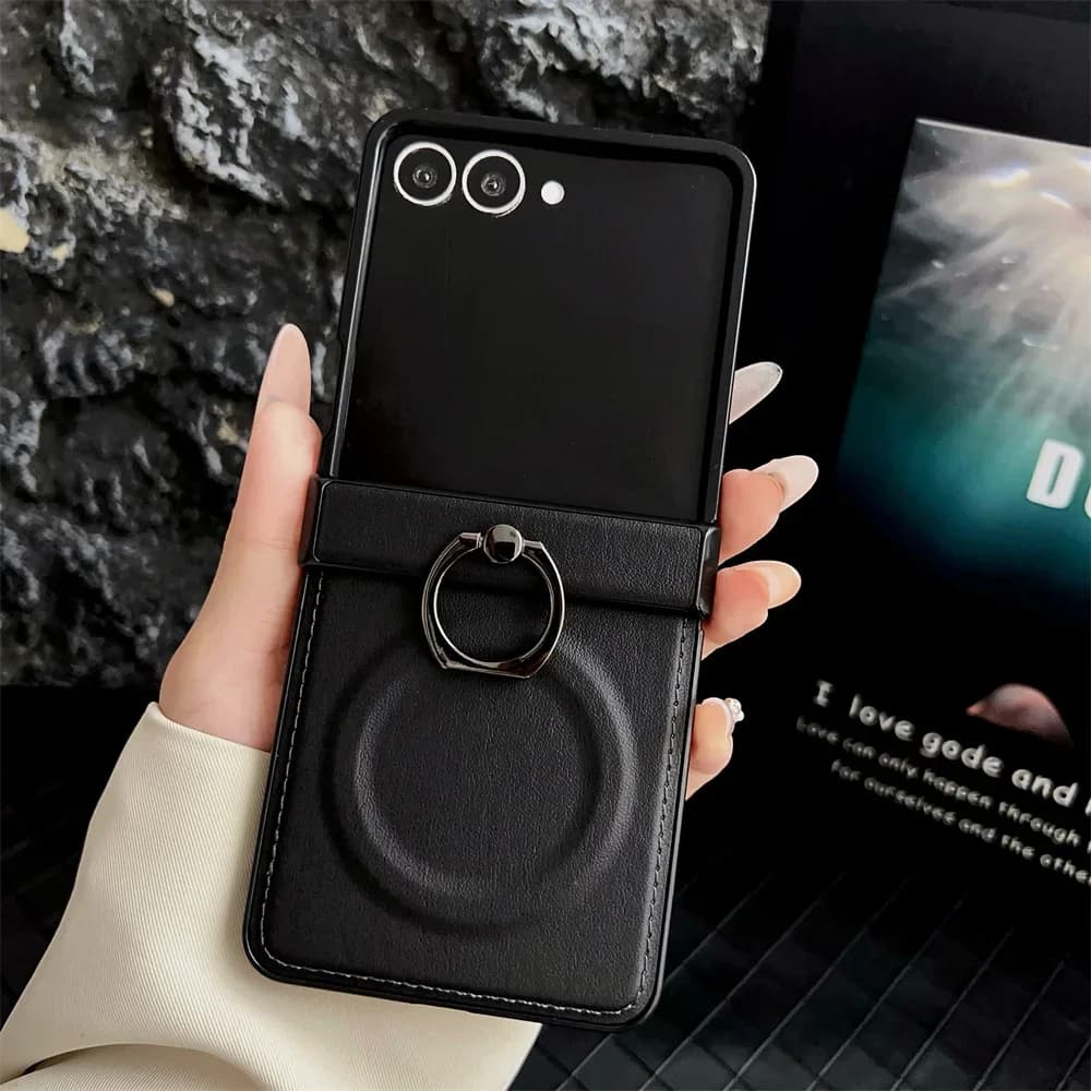 Coque de téléphone avec anneau magnétique rotatif 360, étui arrière en cuir PU pour Samsung Z Flip 7