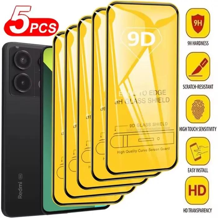 Lot de 5 films de protection d'écran 9D pour Xiaomi Redmi Note 14 13 Pro 5G 12 11 10 9 8 9S 10S 11S