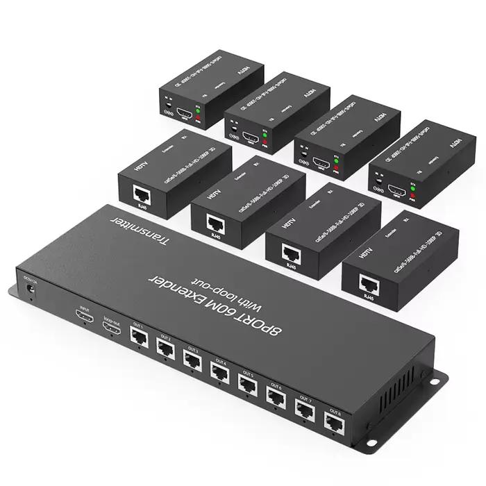 Répartiteur d'extension HDMI 1x8, 60M, 195 pieds sur Ethernet, câble Cat5e CAT6, répartiteur vidéo R