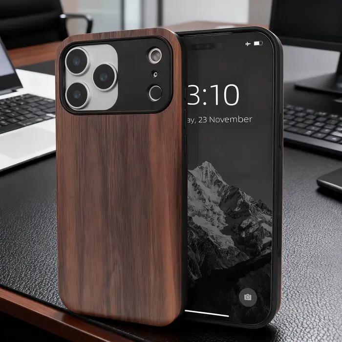 Coque de téléphone de luxe antichoc en bois de cerisier de noyer pour iPhone