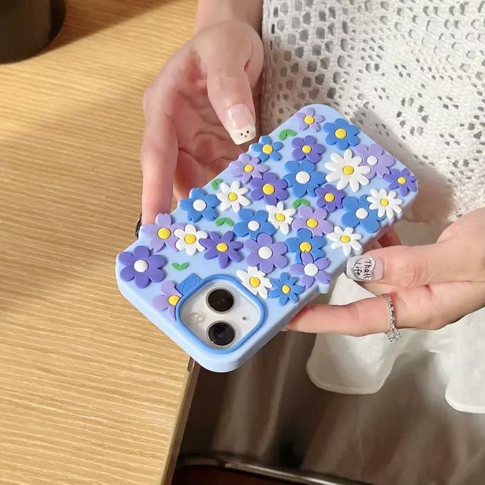 Coque de téléphone en silicone bleu style simple et propre avec motifs floraux