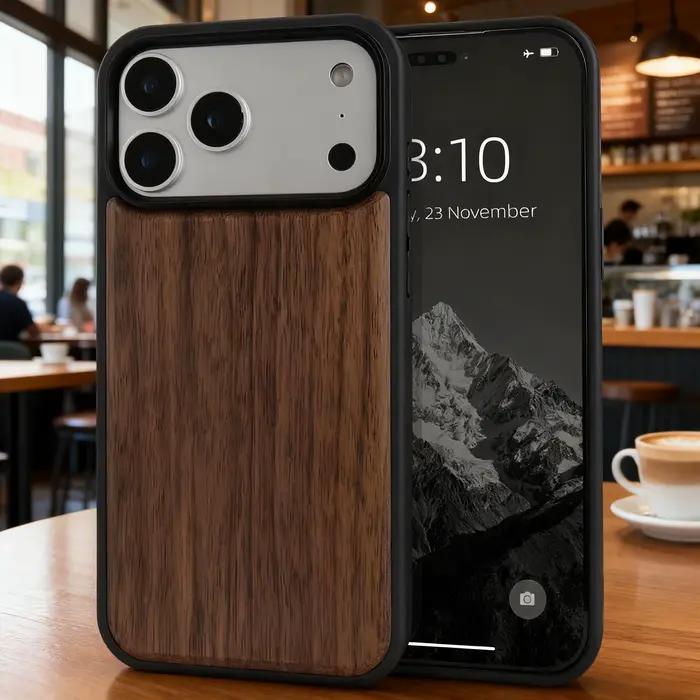 Coque de téléphone de luxe antichoc en bois de cerisier de noyer pour iPhone