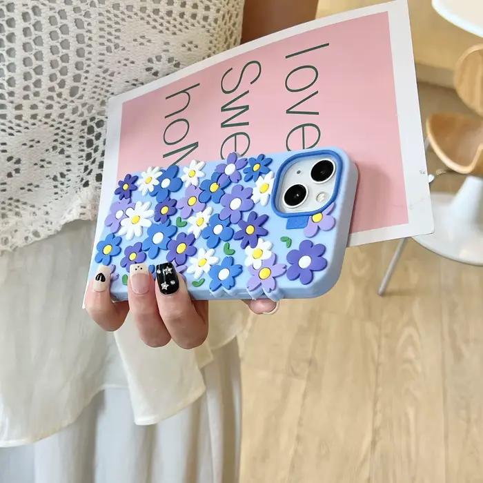 Coque de téléphone en silicone bleu style simple et propre avec motifs floraux