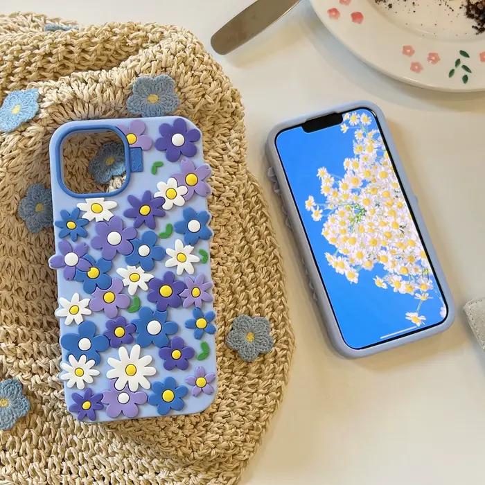 Coque de téléphone en silicone bleu style simple et propre avec motifs floraux