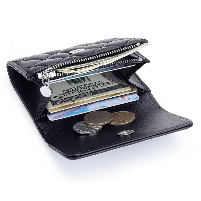 Porte-cartes matelassé en peau de mouton pour femmes, étui à deux volets en cuir pour cartes de crédit bancaire, portefeuilles, porte-monnaie, marque de luxe, sac pour cartes de visite