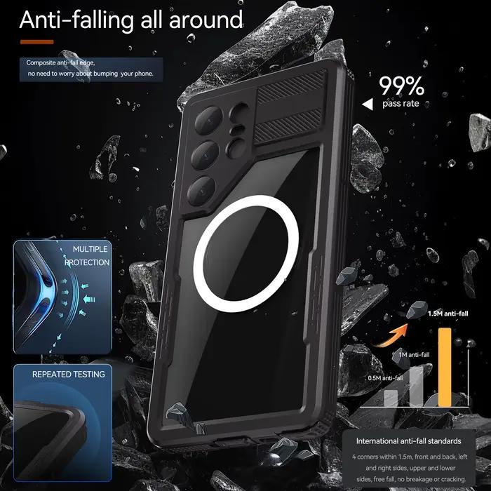Coque de téléphone étanche IP68 avec lanière magnétique pour Samsung Galaxy S25 Ultra S24 (Lot : S23 n'a pas une