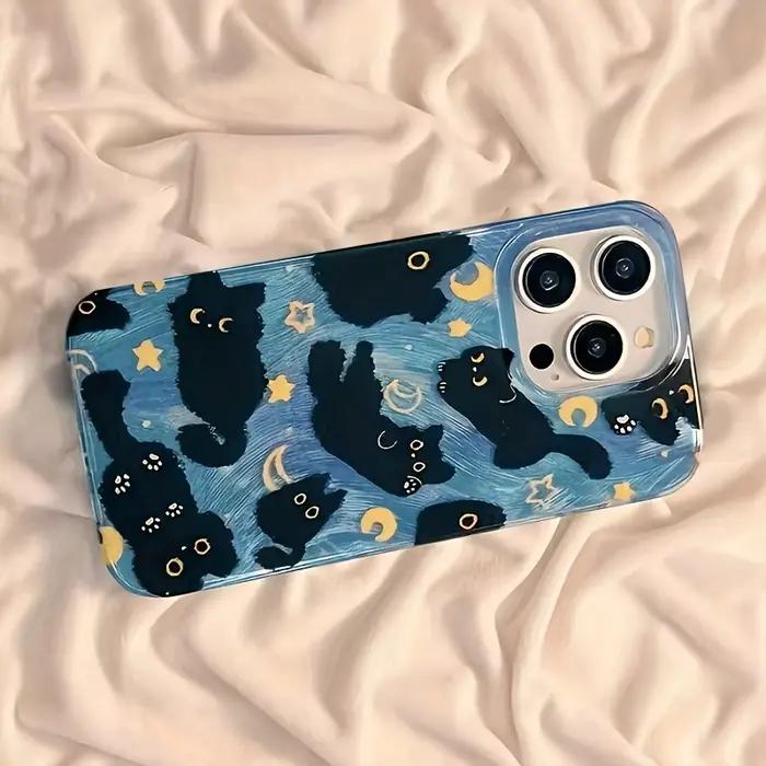 Coque de téléphone pour iPhone 17 Pro Max 16E 16 15 14 13 12 11 XS X XR 7 8 Plus SE2 Air Moon Stars et chats noirs
