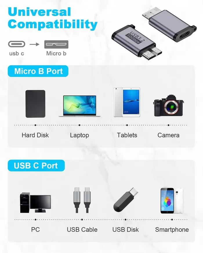 Adaptateur USB C vers Micro B 10Gbps Micro B vers USB C 3.2 Type C femelle vers Micro B mâle, câble convertisseur pour disque dur SSD ordinateur portable