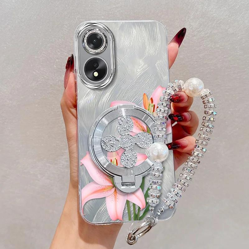 3 pièces (coque de téléphone à fleurs roses + lanière + support) pour OPPO A38 4G/A35/A36/A33(2020)/A40/A40M