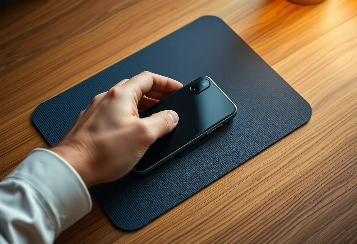 Une main posant un iPhone sur une station de charge sans fil posée sur une table en bois