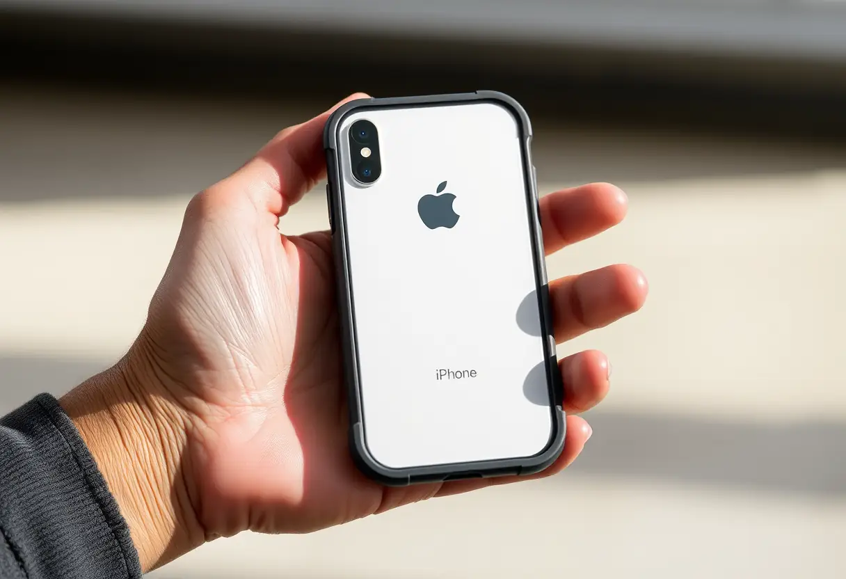 Un iPhone dans une coque métallique avec revêtement caoutchouc