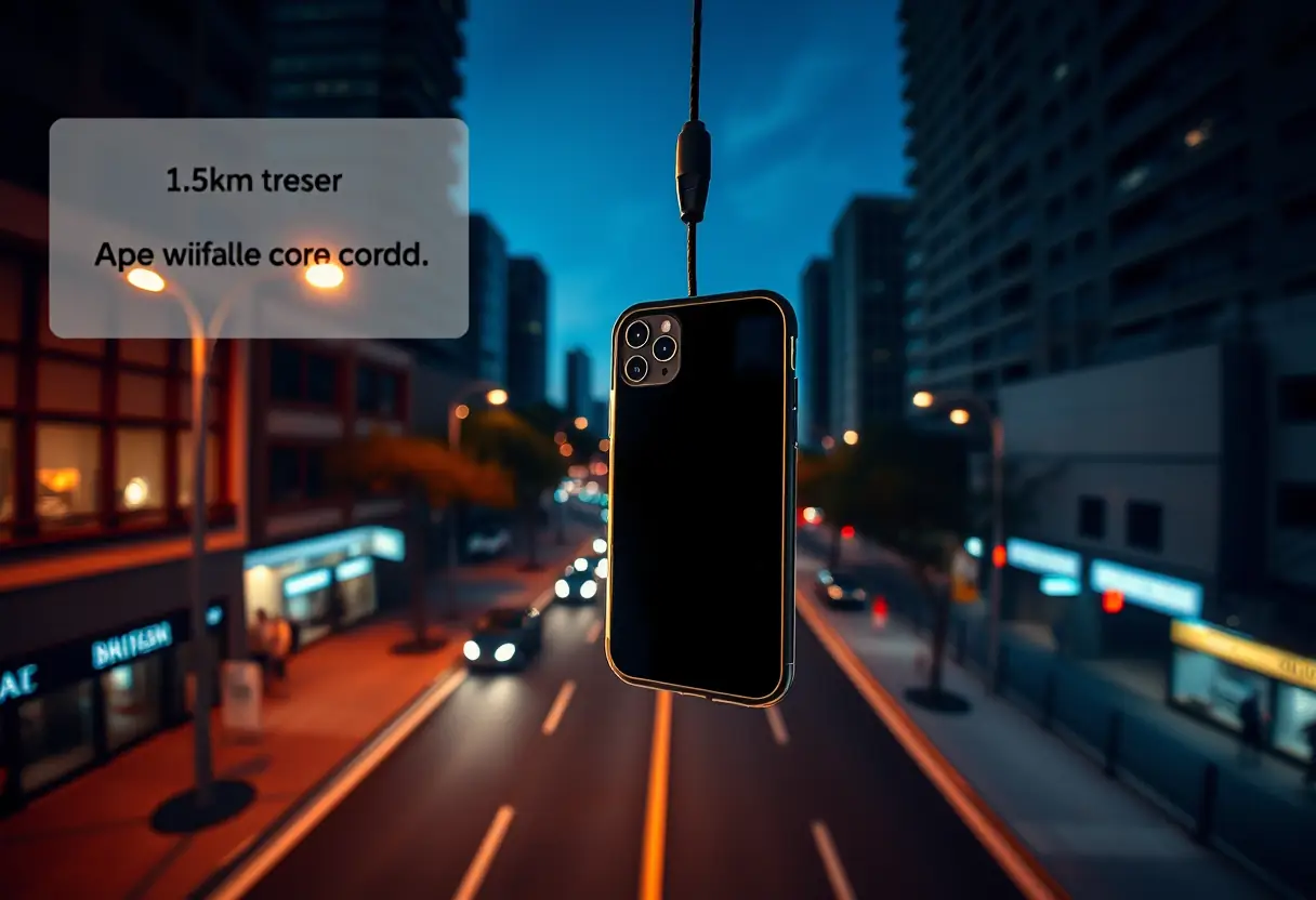 Une coque iPhone suspendue par un cordon de 1,5 mètre au-dessus d'une rue nocturne