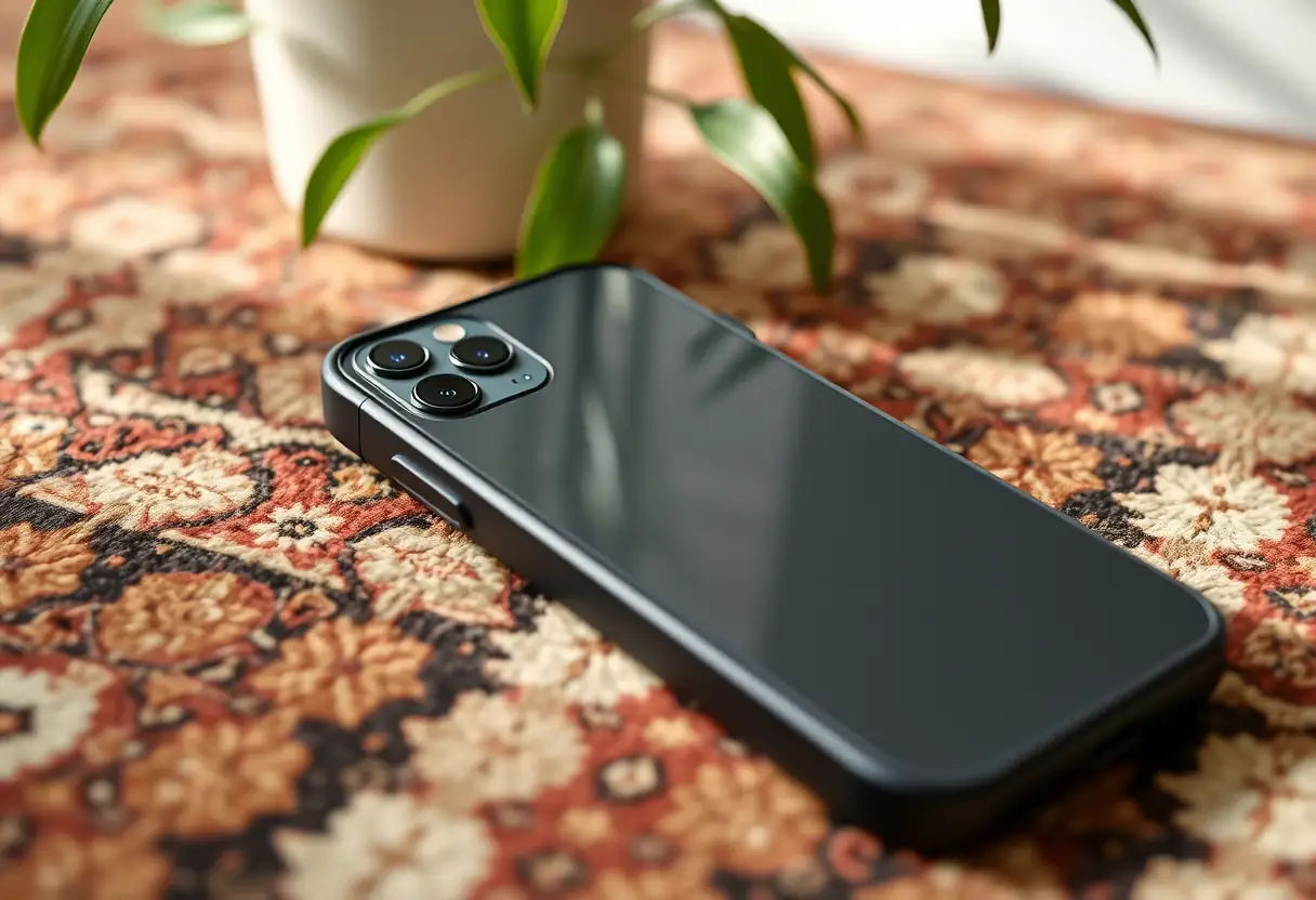 Un iPhone 13 dans une coque semi-rigide sur un tapis à motifs avec une plante en arrière-plan