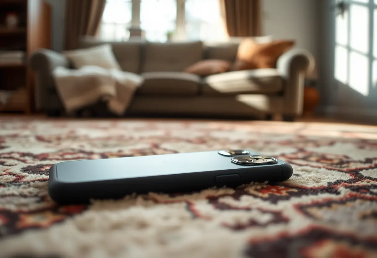 Un iPhone 14 dans une coque en silicone noire posé sur un tapis dans un salon