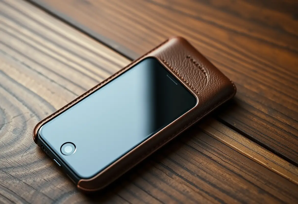 Un iPhone protégé par une coque en cuir posé sur une table en bois, éclairé par une lumière naturelle diffuse
