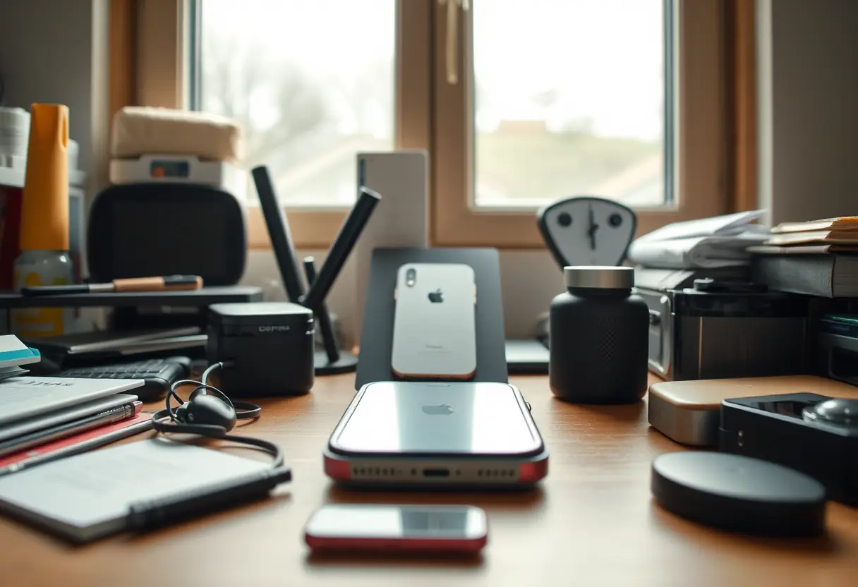 Un bureau avec un iPhone protégé par une coque en polycarbonate posé sur la table