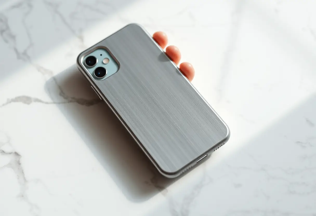 Une coque iPhone en aluminium posée sur un meuble en marbre