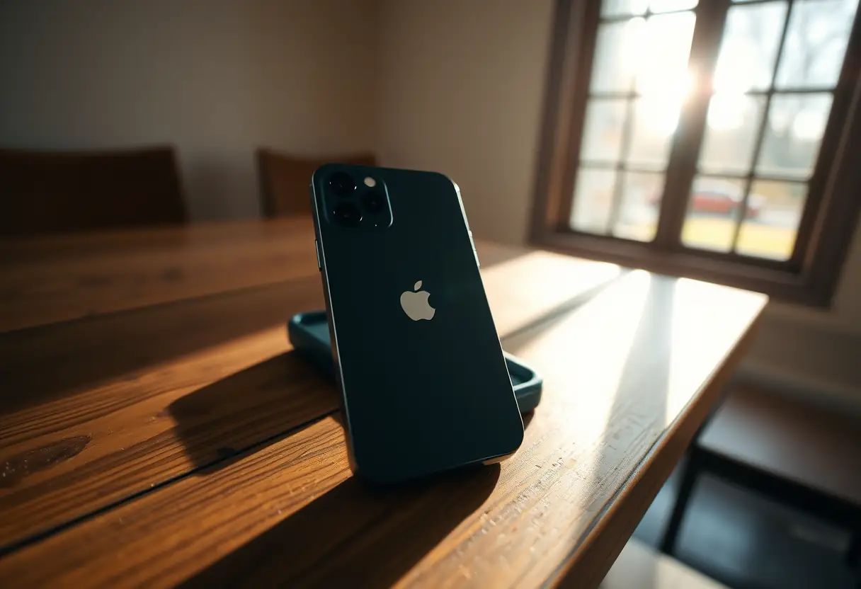 Vue large d'un iPhone 15 posé sur une table en bois, avec une coque en plastique rigide à côté, lumière naturelle filtrant par une fenêtre à droite