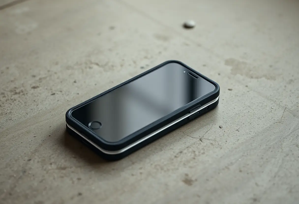 Un iPhone dans une coque multicouche posé sur un sol en béton