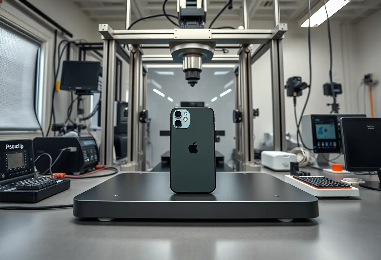 Téléphone intelligent sur un bureau de laboratoire avec équipement de test