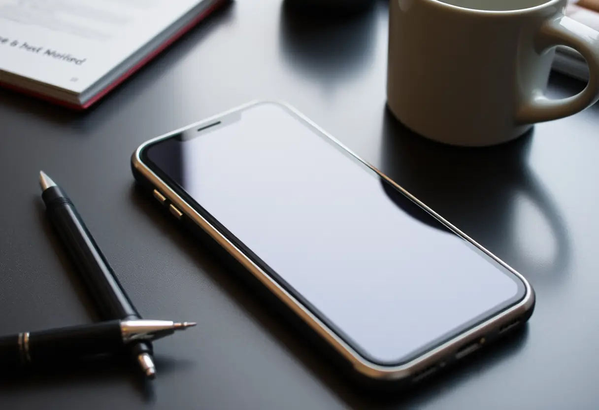 Un smartphone sur une table entouré d'objets quotidiens, mettant en valeur le cadre en aluminium de la coque