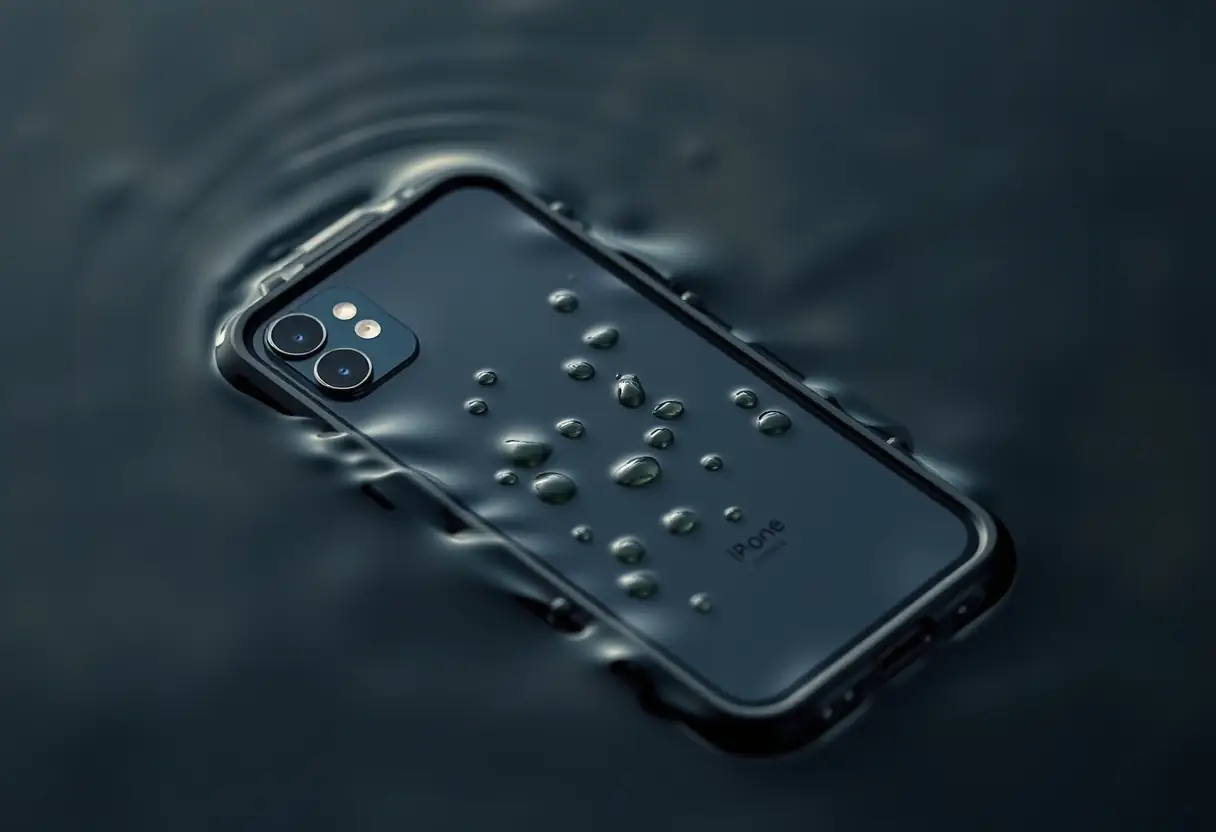 Des gouttes d'eau reposant sur la surface d'une coque d'iPhone partiellement immergée