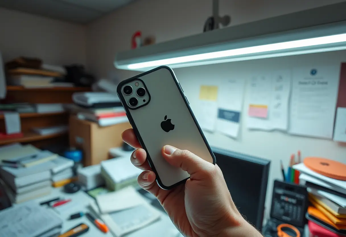 IPhone 15 dans un étui en polycarbonate sur un bureau chargé