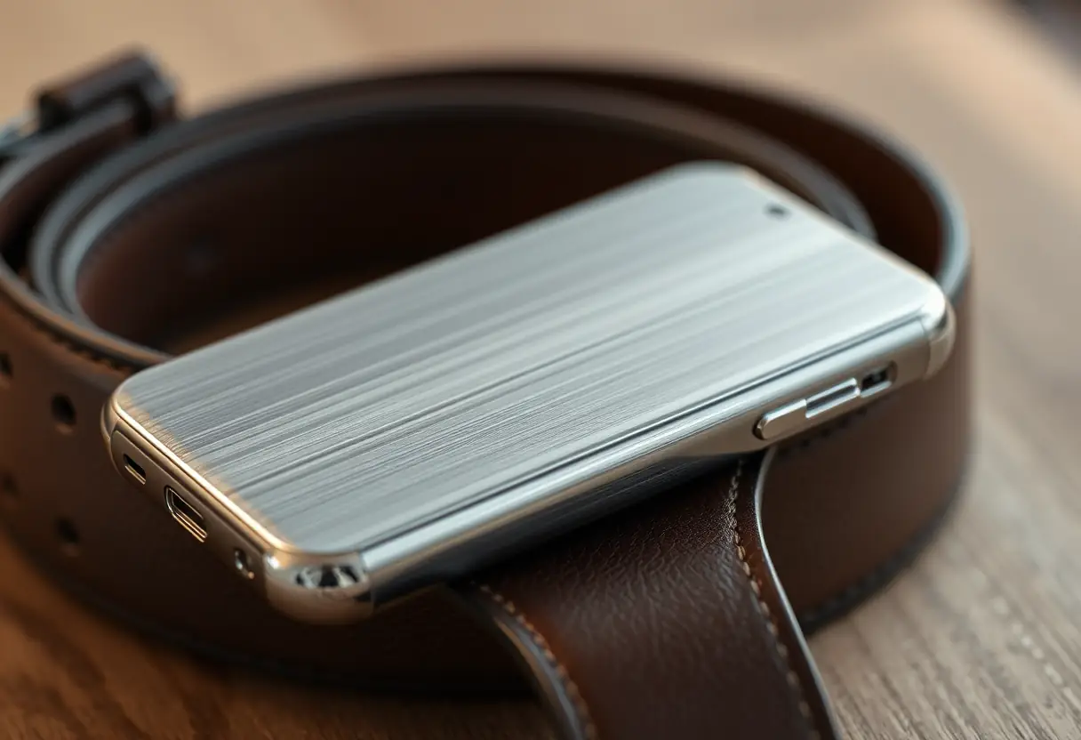 Une coque métallique brossée reposant sur une ceinture en cuir, soulignant son design épuré et sa qualité supérieure
